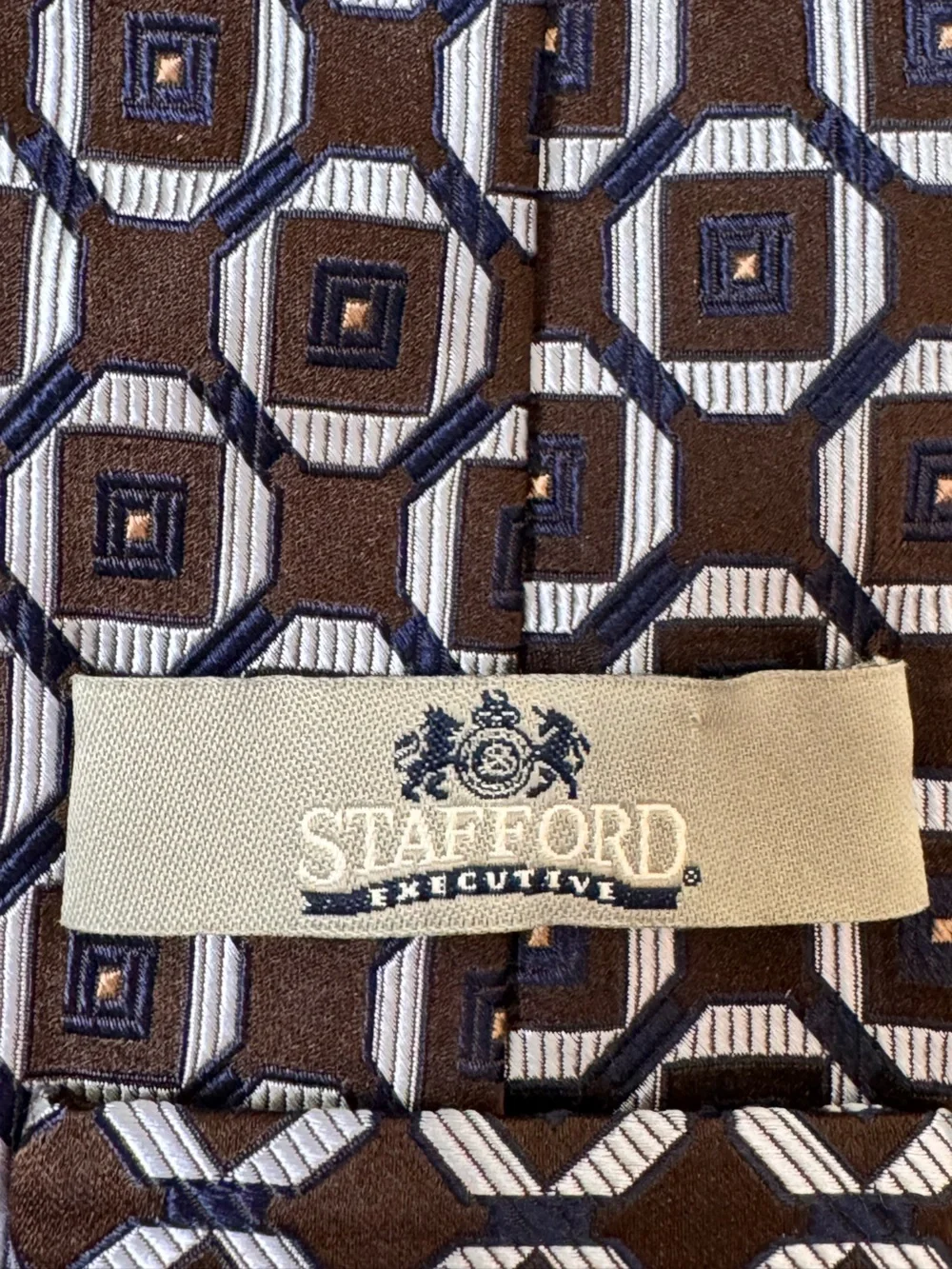 Stafford Executive Men’s Necktie 7 Fold Brown Tie with Navy Geometric Pattern